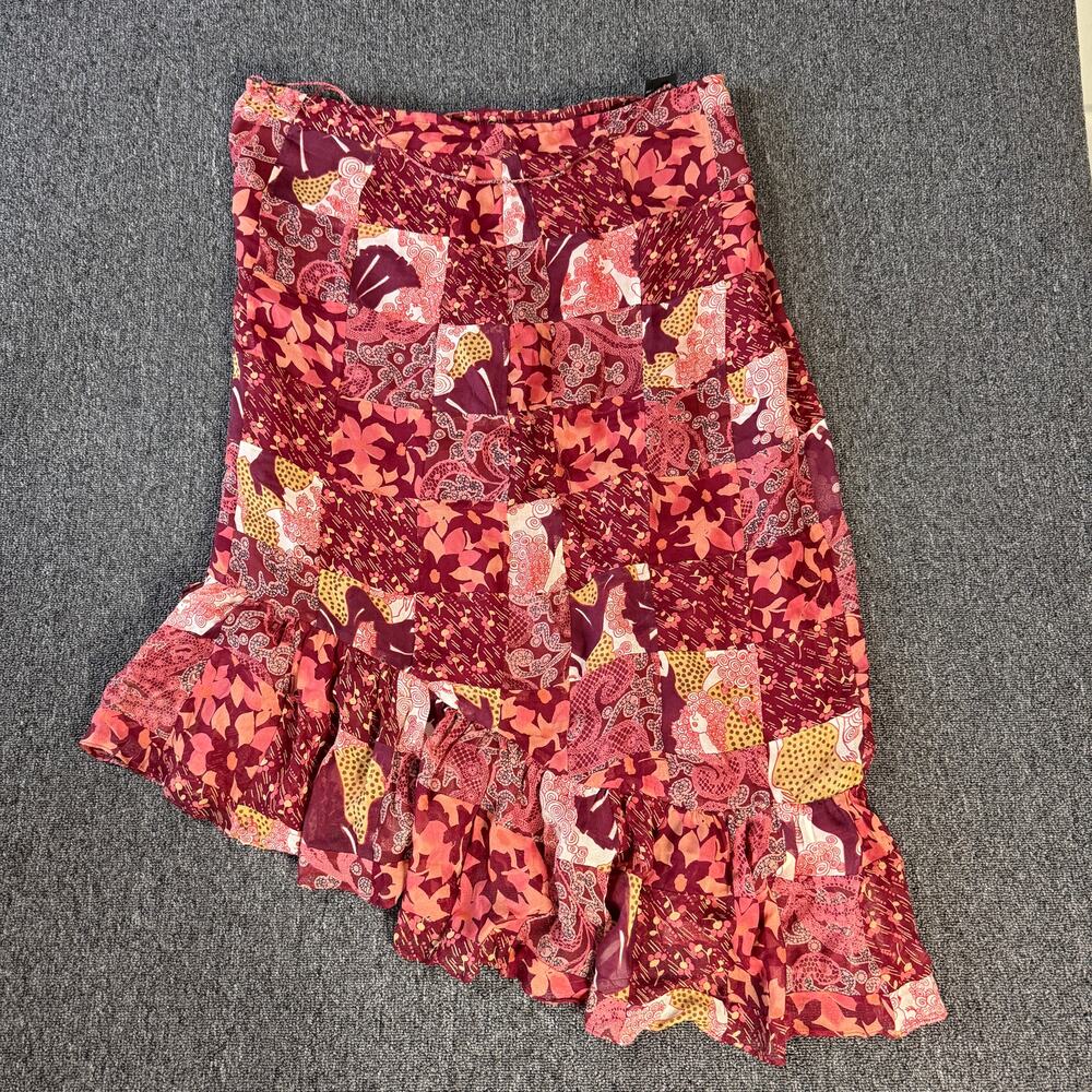 Vintage Y2k ECI New York Silk Patchwork Red Asymmetric Ruffle Midi Skirt XL